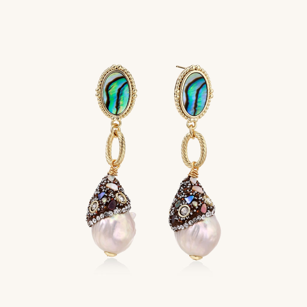 Gold-plated statement earrings with iridescent abalone shells, rope chain links, and crystal-capped baroque pearls