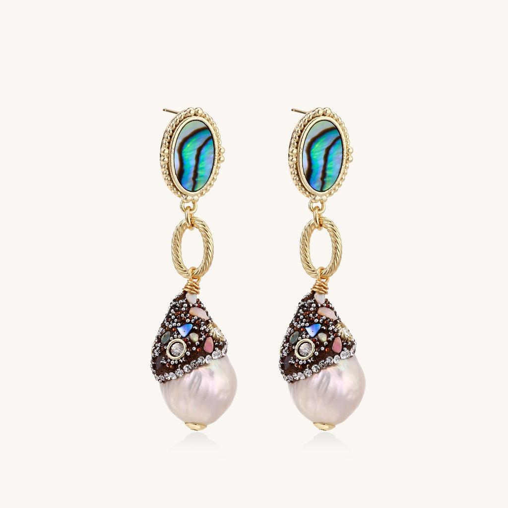 Gold-plated statement earrings with iridescent abalone shells, rope chain links, and crystal-capped baroque pearls