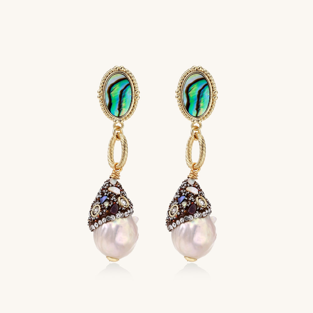 Gold-plated statement earrings with iridescent abalone shells, rope chain links, and crystal-capped baroque pearls