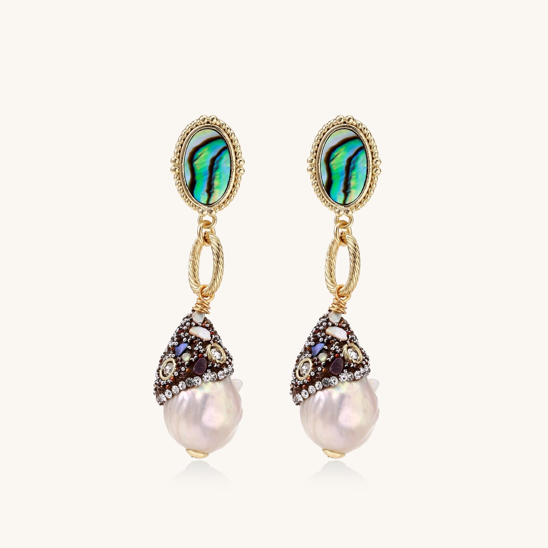 Gold-plated statement earrings with iridescent abalone shells, rope chain links, and crystal-capped baroque pearls