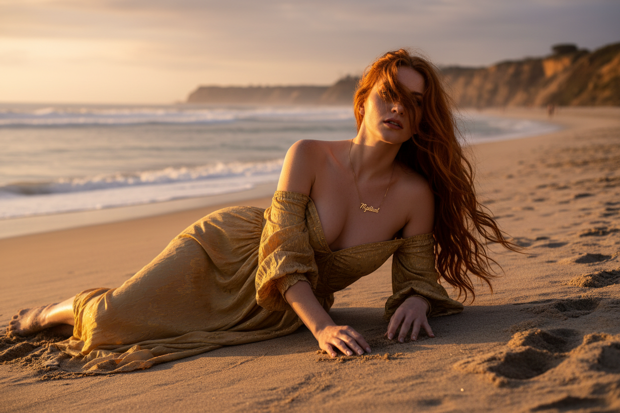 Beautiful seductive woman in gold sleeves with long red wavy hair laying on the beach wearing a small gold necklace that says Mystical