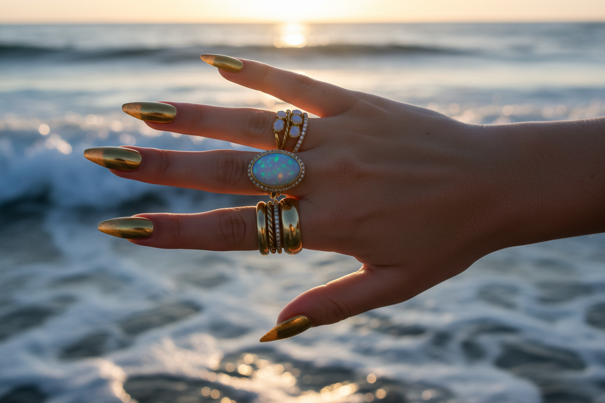 Woman hand over ocean waves with long pointed gold nails and stacked opal gemstone, diamond, and gold rings